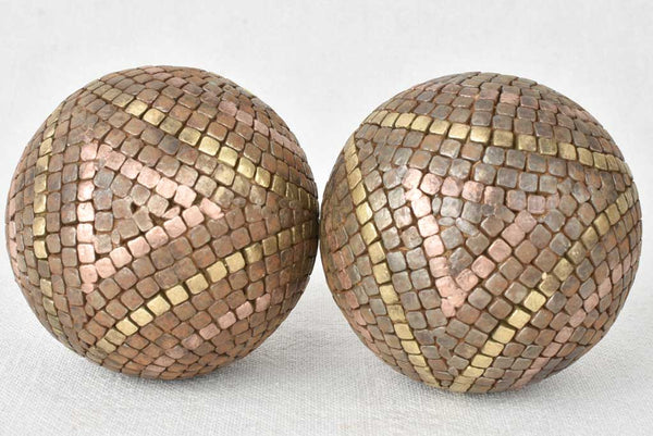 Pair of antique French petanque balls - square mosaic pattern 4"