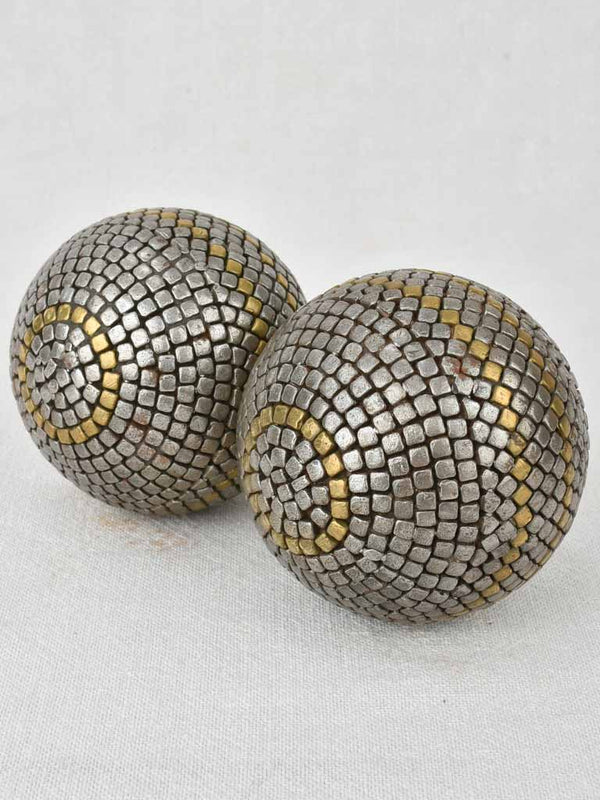Pair of antique French petanque balls - square pattern 4"