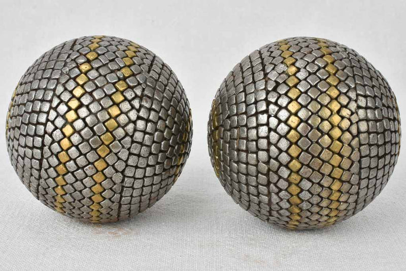 Pair of antique French petanque balls - square pattern 4"