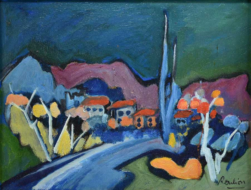 Oil on canvas - Provencal village in autumn with cypress - Roger Oulion 19¾" x 23¾"