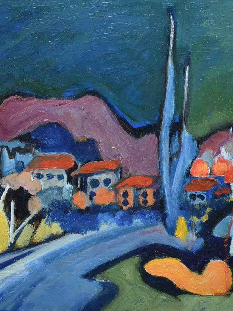 Oil on canvas - Provencal village in autumn with cypress - Roger Oulion 19¾" x 23¾"