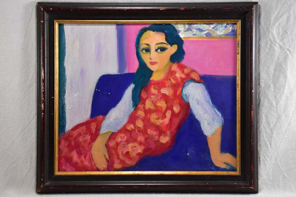 20th Century oil on board - Portrait of a lady on a sofa - Anna Costa 22½" x 26"