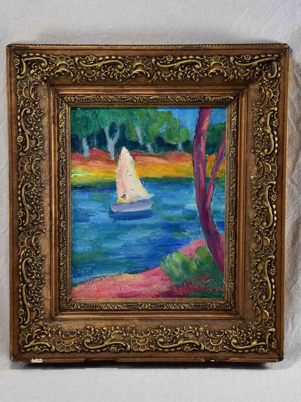 Colorful 20th Century Lakeside Oil Painting