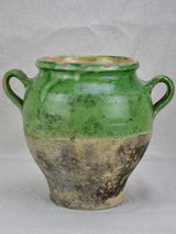 Antique French confit pot half green glaze 10¼"
