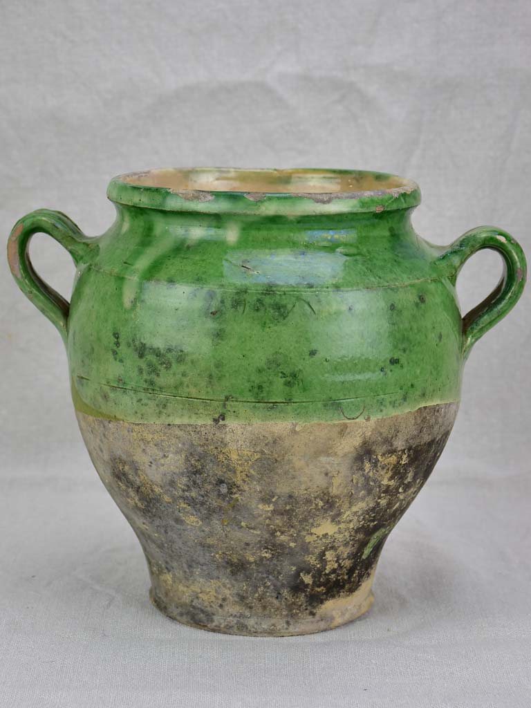 Antique French confit pot half green glaze 10¼"