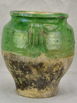 Antique French confit pot half green glaze 10¼"