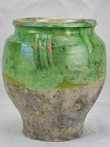 Antique French confit pot half green glaze 10¼"
