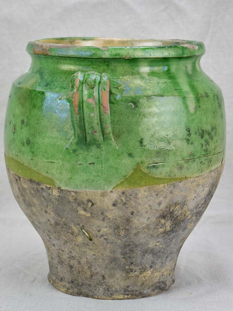 Antique French confit pot half green glaze 10¼"