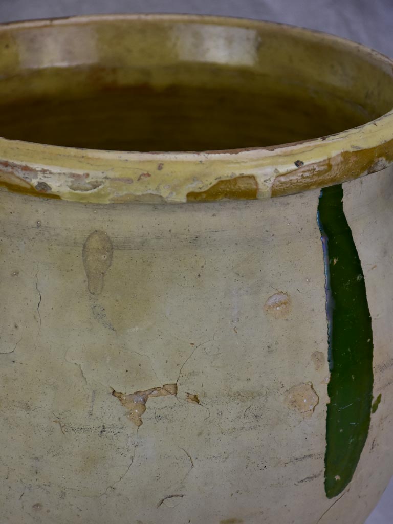 Large antique French confit pot with green splash 13"