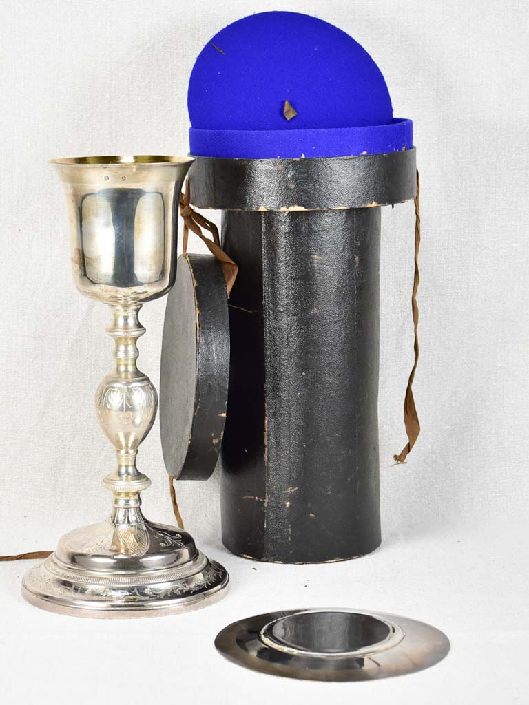 Late nineteenth-century silver religious chalice and plate in original box