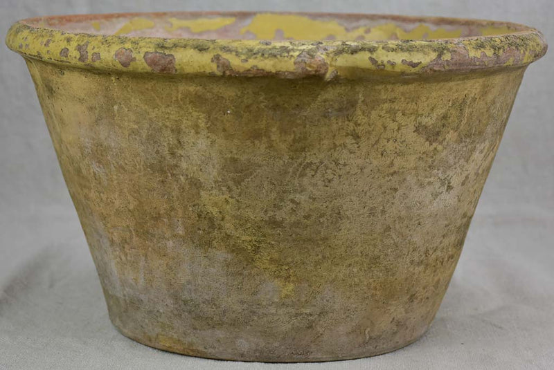 Large deep antique French mixing bowl / tian with yellow glaze 14½"