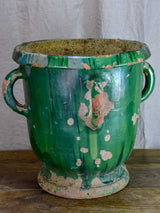 Very large antique French garden planter with green glaze and 4 handles