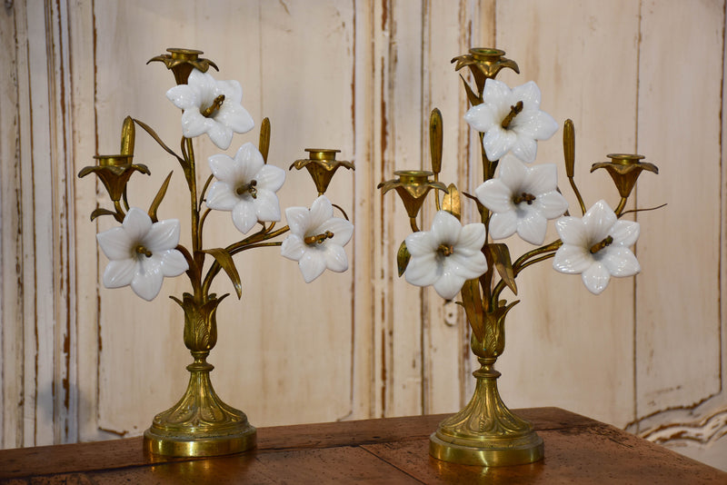 Pair of 19th century bronze and opaline candleabras
