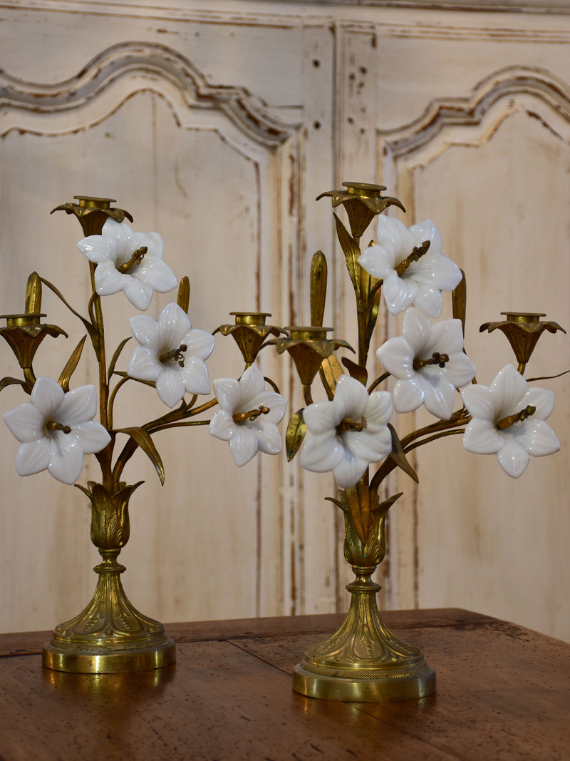 Pair of 19th century bronze and opaline candleabras