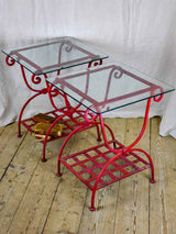 Pair of 1960's side tables - red wrought iron with glass tops 19¾" x 19¾"