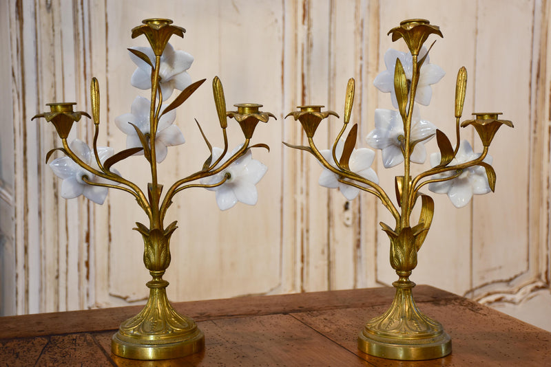 Pair of 19th century bronze and opaline candleabras