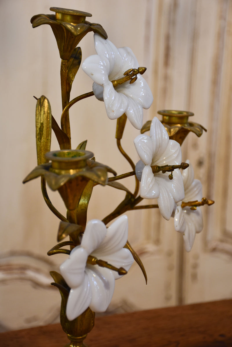 Pair of 19th century bronze and opaline candleabras