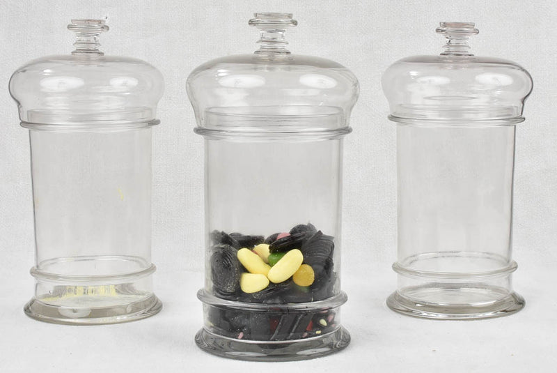 3 antique French lidded glass candy jars - 12¼"
