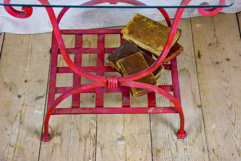 Pair of 1960's side tables - red wrought iron with glass tops 19¾" x 19¾"