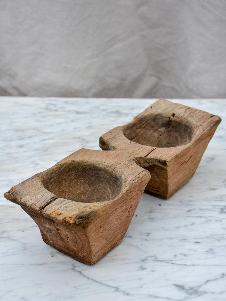 Primitive antique French salt and pepper wooden bowls