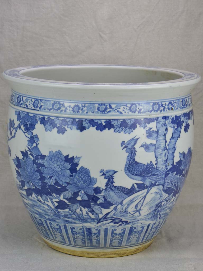 Mid-century blue and white Chinoiserie flower pot 14¼"