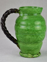 RESERVED Mid century pitcher from Vallauris with green glaze and twisted handle 8¾"