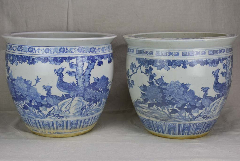 Pair of mid-century blue and white chinoserie flower pots 14¼"
