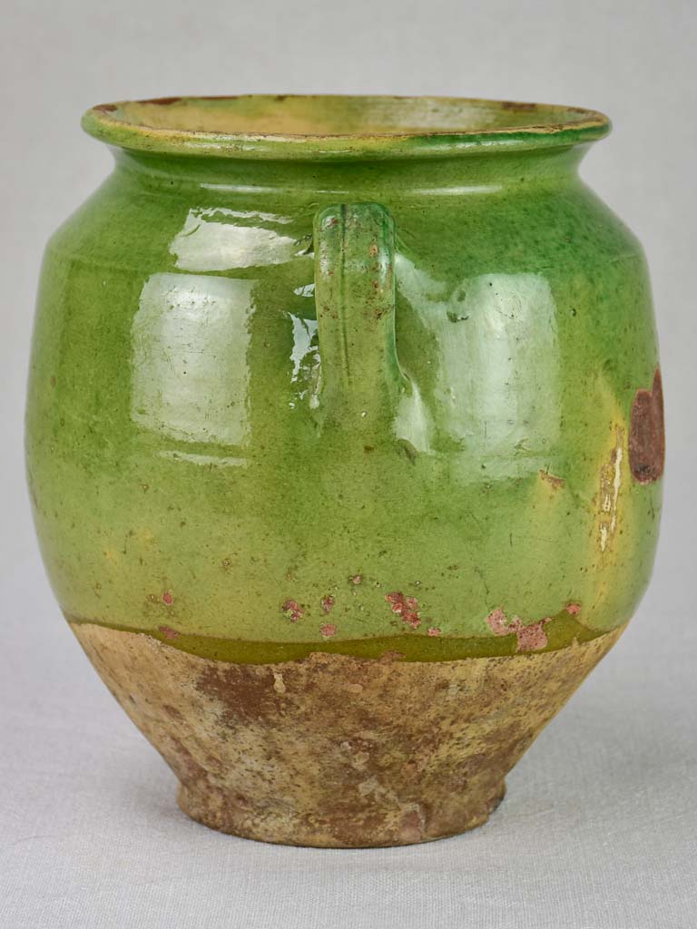 Antique French confit pot with green glaze 9½"