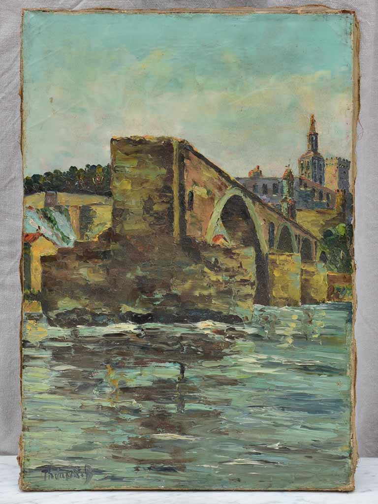 Antique French painting of the Pont d'Avignon - acrylic on canvas 15" x 21¾"