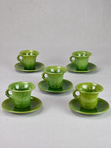 Five mid century French cups and saucers with green glaze - Biot