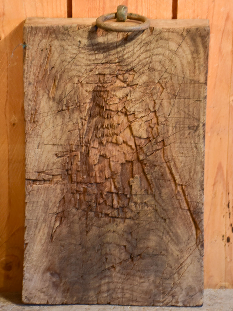 Large chunky French oak cutting board with iron handle