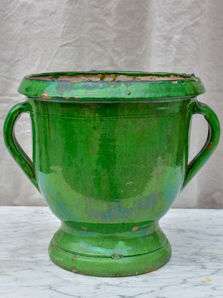 Early 20th Century Castelnaudary planter with green glaze and two handles