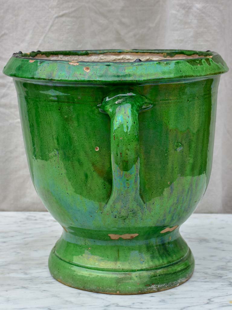Early 20th Century Castelnaudary planter with green glaze and two handles