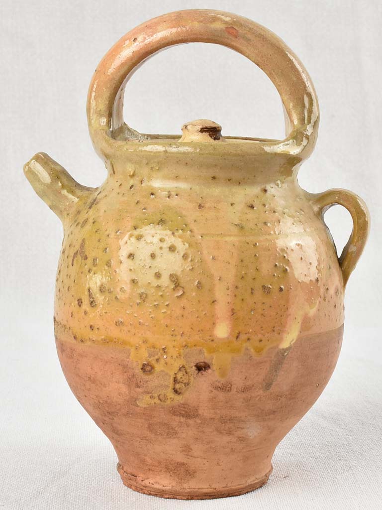 Small antique French water pitcher with lid - spotted patina 9"