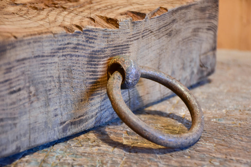 Large chunky French oak cutting board with iron handle