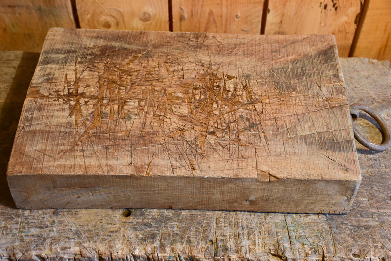 Large chunky French oak cutting board with iron handle