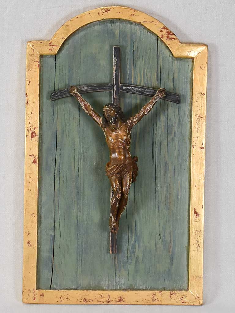 18th-century sculpture of Christ mounted on a panel 15¼" x 25¼"