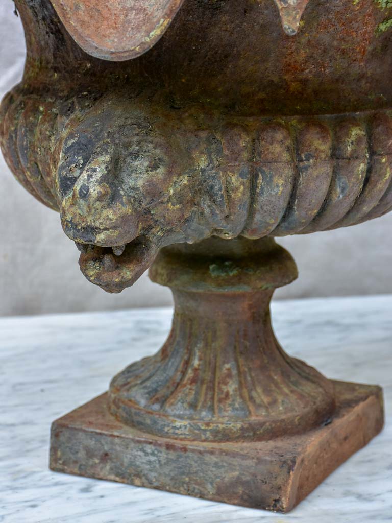 Pair of 19th Century cast iron Medici urns with lion's heads