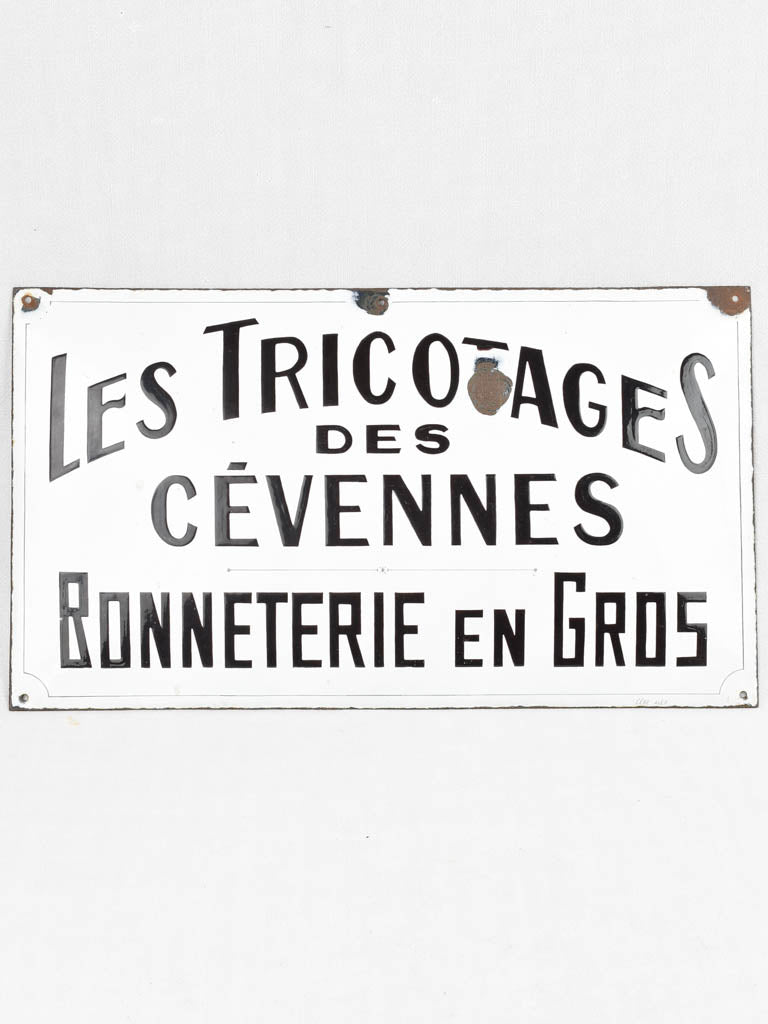 Large Antique French enamel shop sign ‘Les Tricotages des Cevennes’ - artisan hat makers - 15¾" x 27½"