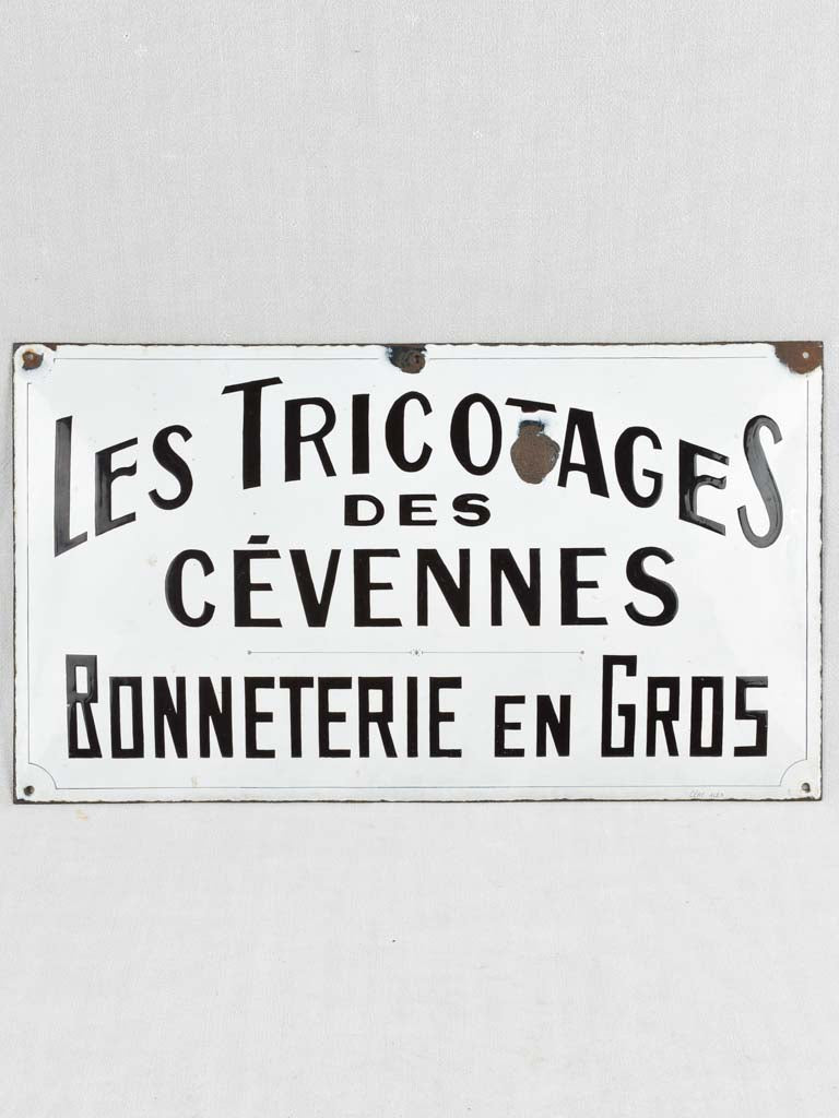 Large Antique French enamel shop sign ‘Les Tricotages des Cevennes’ - artisan hat makers - 15¾" x 27½"