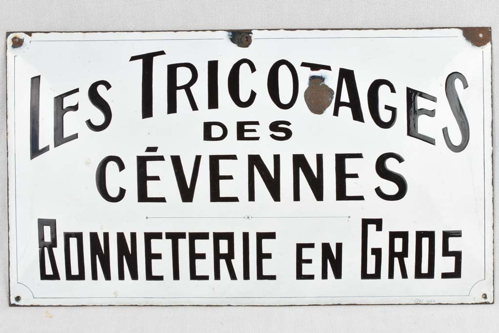 Large Antique French enamel shop sign ‘Les Tricotages des Cevennes’ - artisan hat makers - 15¾" x 27½"