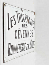 Large Antique French enamel shop sign ‘Les Tricotages des Cevennes’ - artisan hat makers - 15¾" x 27½"