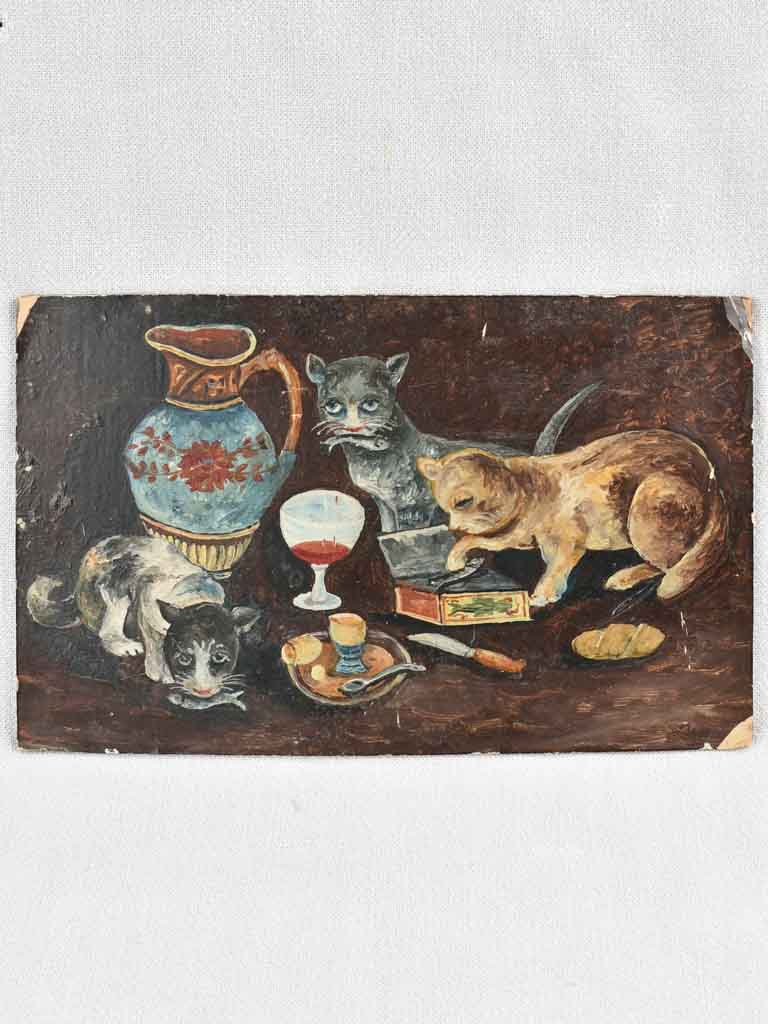 Small Vintage French painting of mischievous cats enjoying anchovies 7½" x 11¾"