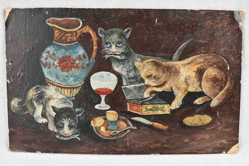 Small Vintage French painting of mischievous cats enjoying anchovies 7½" x 11¾"