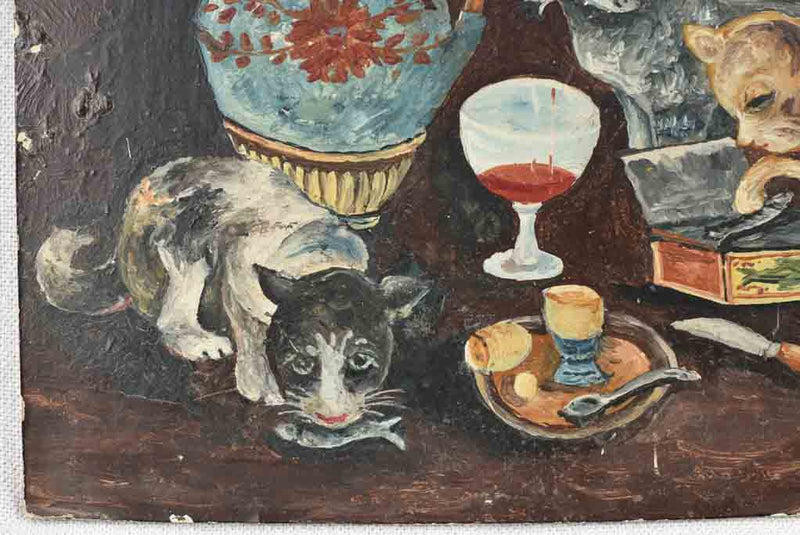 Small Vintage French painting of mischievous cats enjoying anchovies 7½" x 11¾"