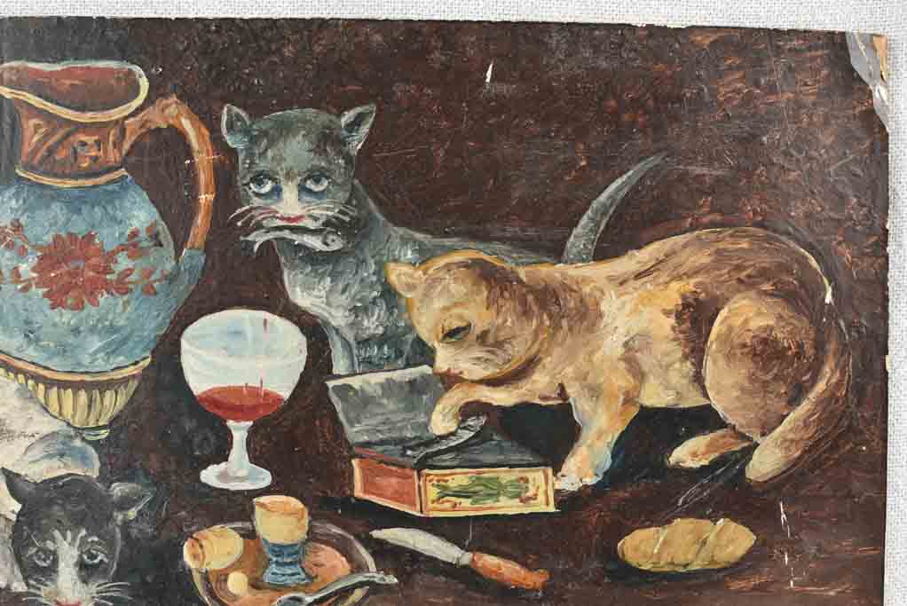 Small Vintage French painting of mischievous cats enjoying anchovies 7½" x 11¾"