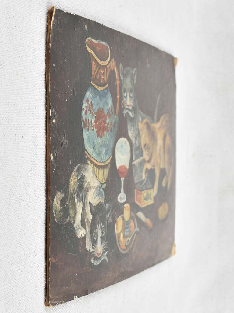 Small Vintage French painting of mischievous cats enjoying anchovies 7½" x 11¾"