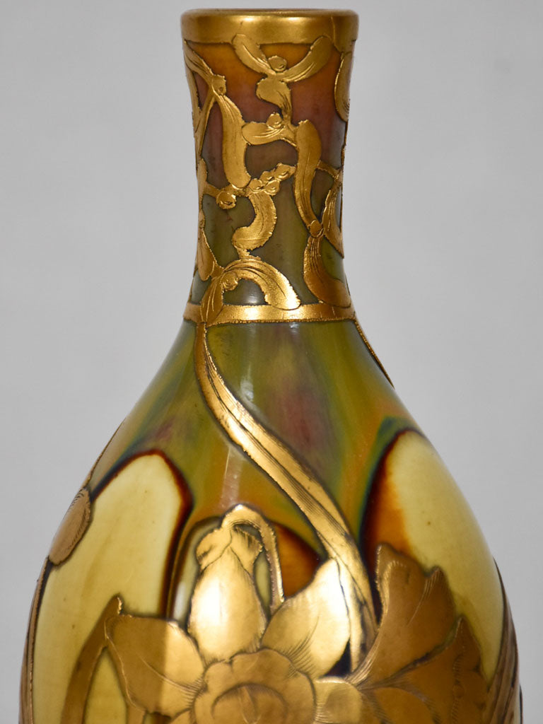 Art Nouveau enamel porcelain vase with narcissus - Jeff and Jeandel 9"