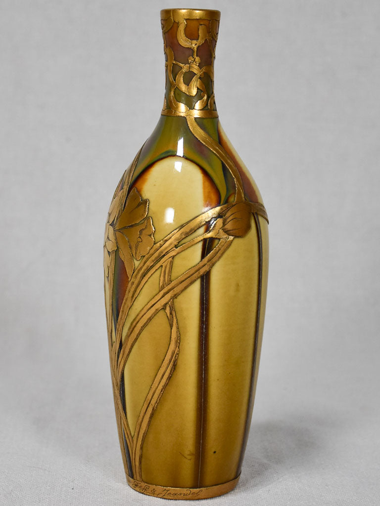 Art Nouveau enamel porcelain vase with narcissus - Jeff and Jeandel 9"