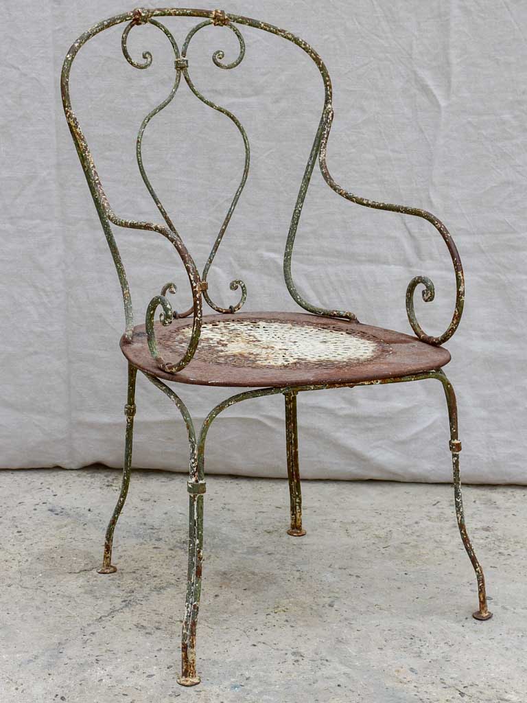RESERVED LM Antique French garden armchair with perforated seat and green patina